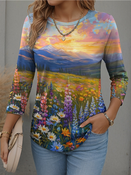 

Casual Floral Crew Neck Long Sleeve T-shirt, Color1, T-shirts