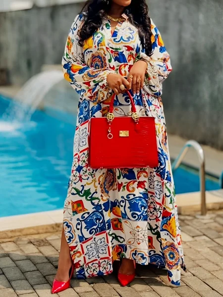 

Casual Ethnic Printing Stand Collar Maxi Dress, As picture, Maxi Dresses