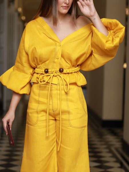 

Linen Blend Casual Plain V Neck Puff Sleeve Shirt With Belt, Yellow, Blouses and Shirts