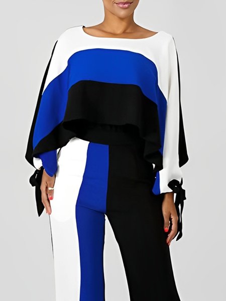 

Casual Color Block Printing Crew Neck Raglan Sleeves Blouse, Blue, Blouses and Shirts