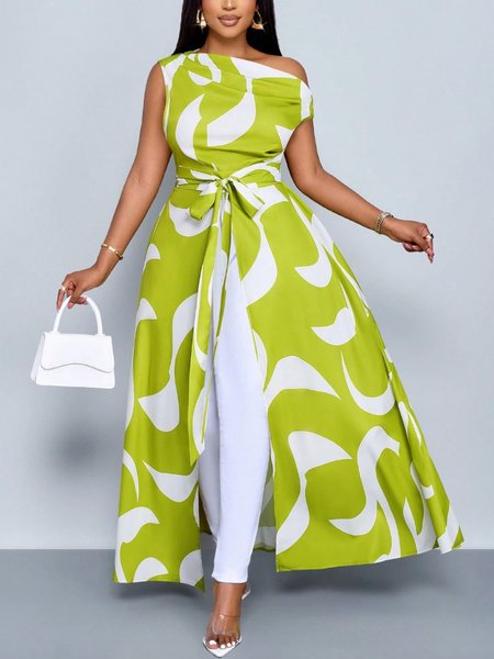 

Elegant Random Print Printing Asymmetrical Blouse With Belt, Green, Blouses and Shirts