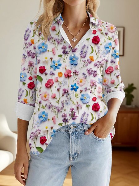 

V Neck Long Sleeve Geometric Regular Micro-Elasticity Regular Fit Shirt For Women, White, Shirts
