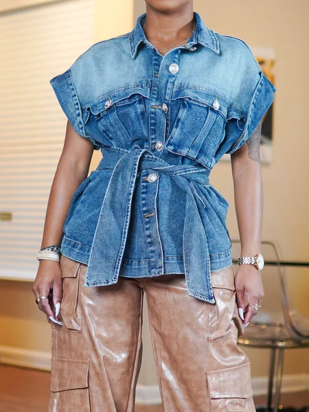 

Casual Plain Denim Shirt With Belt, Denim blue, Blouses and Shirts