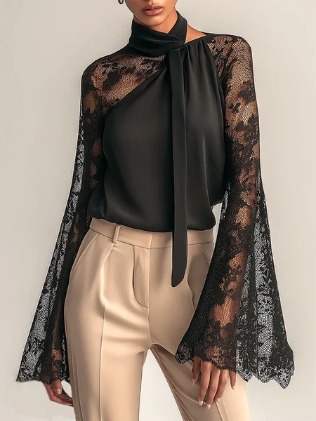 

Elegant Plain Lace Stand Collar Bell Sleeve Blouse, Black, Blouses and Shirts