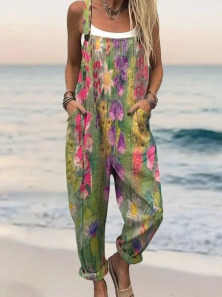 

Women Floral Square Neck Gallus Casual Summer Cotton And Linen Jumpsuit, Green, Jumpsuits&Rompers