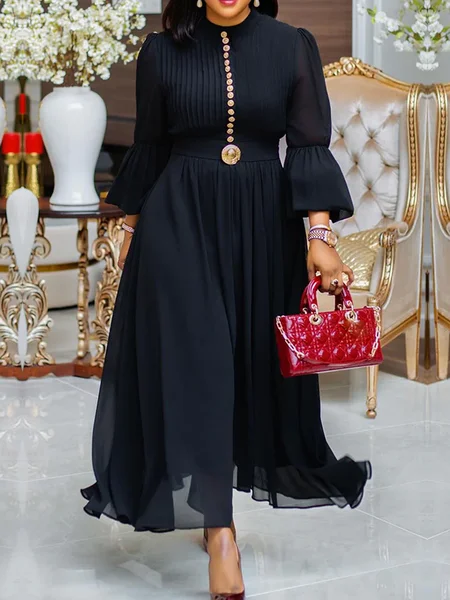 

Elegant Plain Bell Sleeve Buttoned Stand Collar Maxi Dress, Black, Maxi Dresses