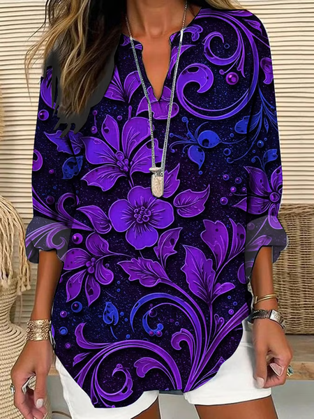 

Women Floral Long Sleeve Blouse Spring/Fall Printing V Neck Daily Casual Top, Purple, Shirts