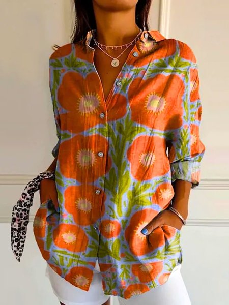 

Casual Floral Art Painting Long Sleeve Comfy Shirt For Women, Orange, Shirts