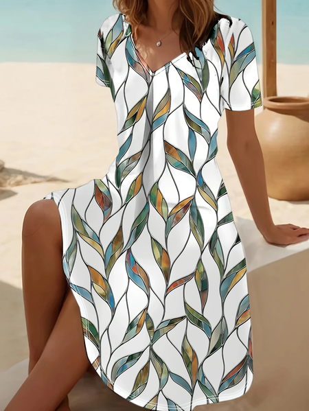 

Women Leaf Summer Printing Dress V Neck Short Sleeve Fit & Flare Dress A-Line Dress, White, Dresses