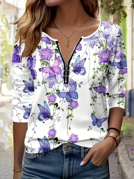 

Vintage Floral V Neck Long Sleeve T-shirt, As picture, T-shirts