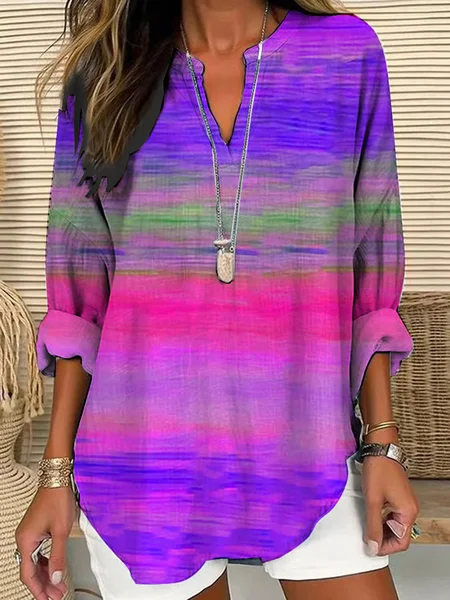 

V Neck Long Sleeve Abstract Stripes Printing Regular Loose Blouse For Women, Purple, Blouses