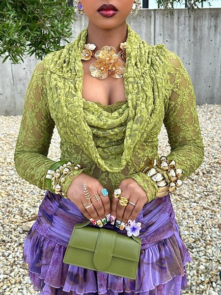 

Lace Elegant Plain Cowl Neck Blouse, Green, Blouses and Shirts