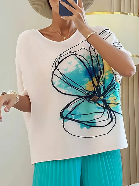 

Vacation Floral Printing Crew Neck Raglan Sleeve Blouse, As picture, Blouses and Shirts
