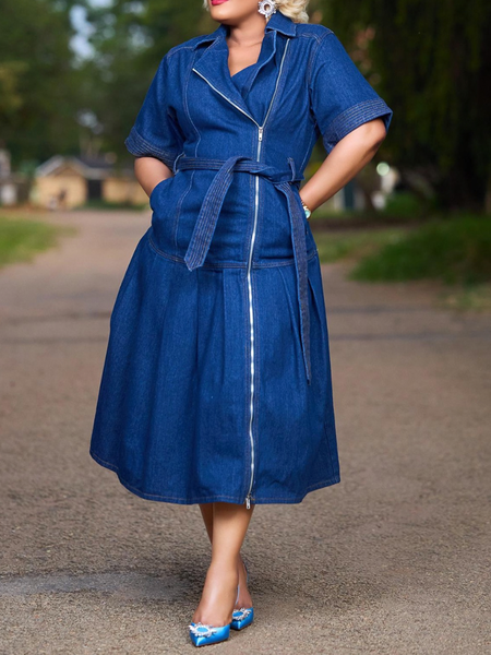 

Urban Plain Lapel Collar Midi Dress With Belt, Denim blue, Midi Dresses