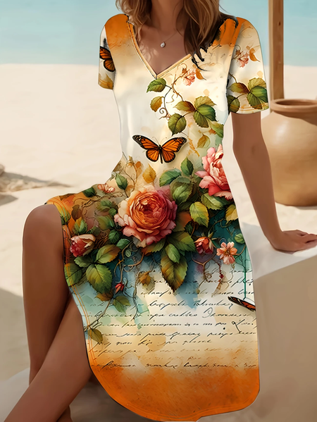 

Women Floral Short Sleeve Summer Printing Dress V Neck Daily Casual Midi Fit & Flare Dress A-Line Dress, Orange, Casual Dresses