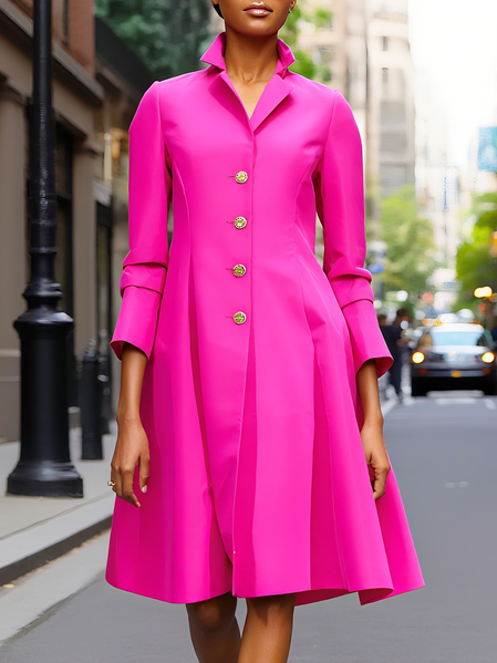

Elegant Plain Buttoned Pockets Knee Length Dress, Pink, Midi Dresses