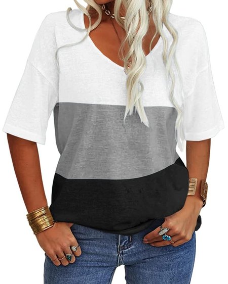 

Women Striped V Neck Casual Short Sleeve T-shirt, White, Tees & T-shirts