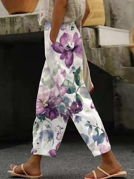 

Women Floral Long Pants Casual Spring/Fall Trousers, White, Pants