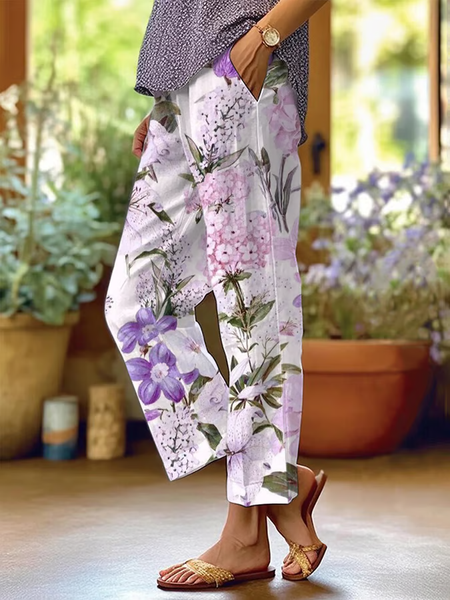 

Women Floral Long Pants Casual Spring/Fall Trousers, White, Pants