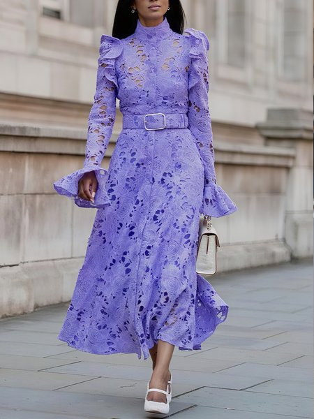 

Elegant Plain Buttoned Mock Neck Midi Dress With Belt, Purple, Midi Dresses