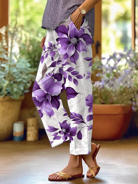 

Women Floral Long Pants Casual Spring/Fall Trousers, White, Pants