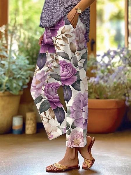

Women Floral Long Pants Casual Spring/Fall Trousers, Purple, Pants