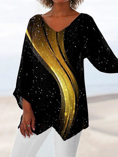 

Casual Geometric V Neck Three Quarter Sleeve T-shirt, Color19, T-shirts