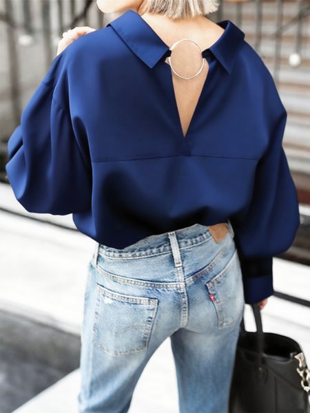 

Cotton Casual Plain Shirt Collar Raglan Sleeve Shirt, Blue, Blouses and Shirts