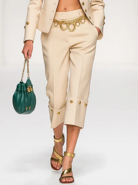 

Urban Plain Buttoned Straight Pants No Belt, Apricot, Pants