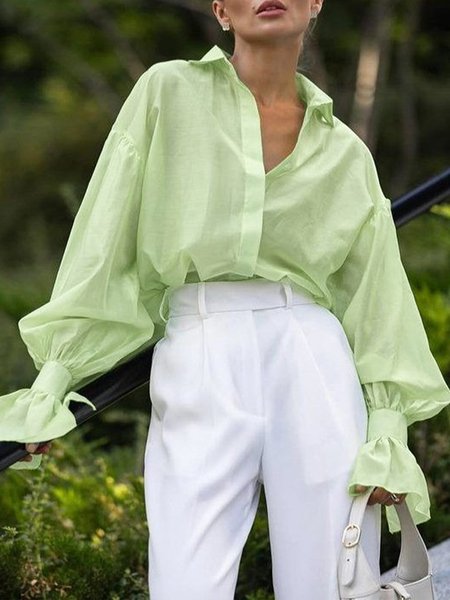 

Cotton Urban Plain Shirt Collar Raglan Sleeves Shirt, Green, Blouses and Shirts