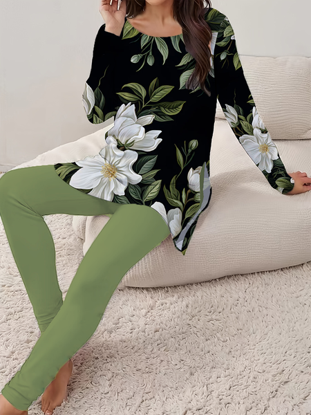 

Women Floral Printing Two-Piece Set Daily Long Sleeve Casual Spring/Fall Top With Pants Matching Set, Green, Suit Set