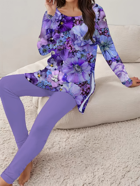 

Women Floral Printing Two-Piece Set Daily Long Sleeve Casual Spring/Fall Top With Pants Matching Set, Purple, Sets