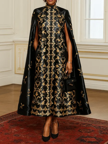 

Elegant Ethnic Printing Mock Neck Maxi Dress, Black, Maxi Dresses