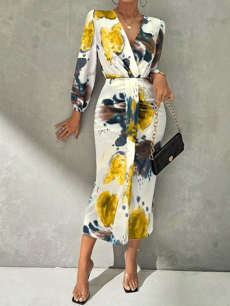 

Elegant Abstract V Neck Midi Dress, As picture, Midi Dresses