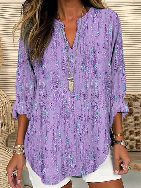 

V Neck Long Sleeve Abstract Printing Regular Loose Blouse For Women, Purple, Blouses