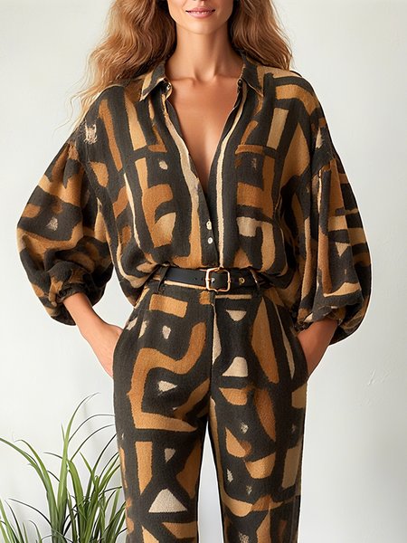 

Urban Abstract Graphic Printing Shirt Collar Balloon Sleeve Shirt, As picture, Blouses and Shirts