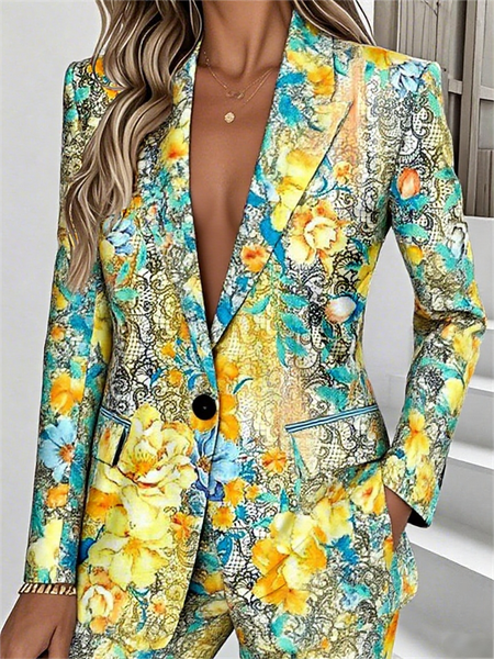 

Women Floral Spring/Fall Outerwear Simple Long Sleeve Lapel Collar Regular Blazer, Yellow, Blazers