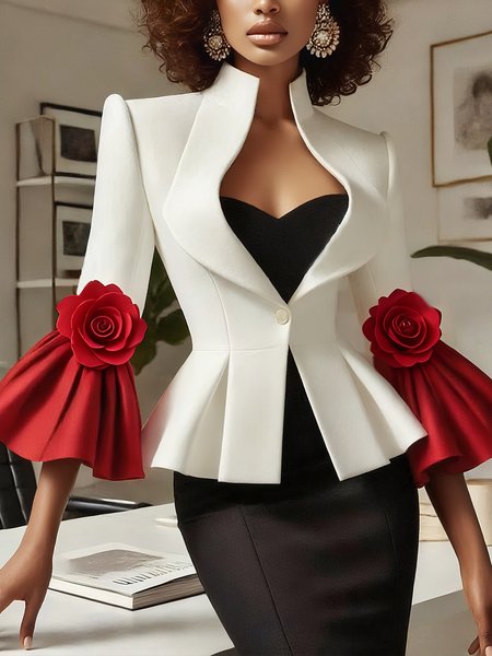 

Elegant 3D Floral Color Block Stand Collar Jacket, White, Jackets