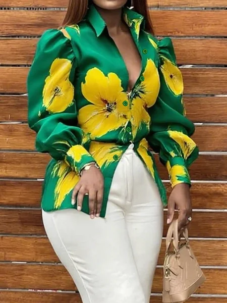 

Elegant Floral Printing Shirt Collar Puff Sleeve Shirt, Green, Blouses and Shirts