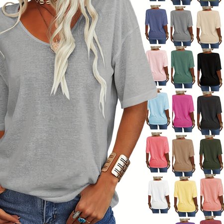 

Women Floral V Neck Casual Short Sleeve T-shirt, Light gray, Tees & T-shirts