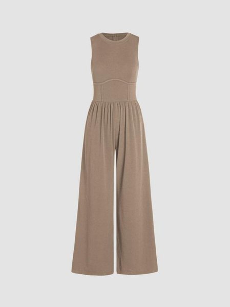 

Women Plain Crew Neck Sleeveless Casual Summer Jumpsuit, Camel, Jumpsuits&Rompers