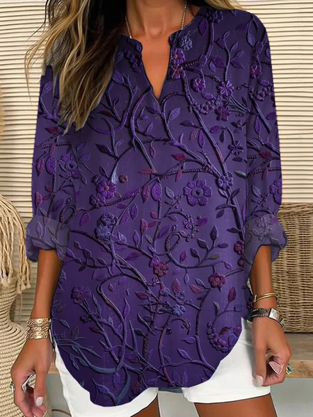 

V Neck Long Sleeve Floral Printing Regular Loose Blouse For Women, Purple, Blouses