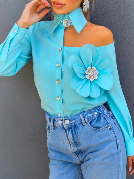 

Cotton Elegant Plain 3D Floral Shirt Collar Shirt, Blue, Blouses and Shirts