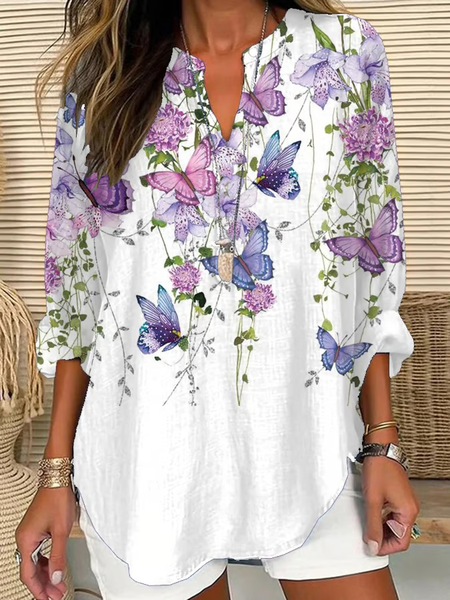 

V Neck Long Sleeve Floral Printing Regular Loose Blouse For Women, White, Blouses