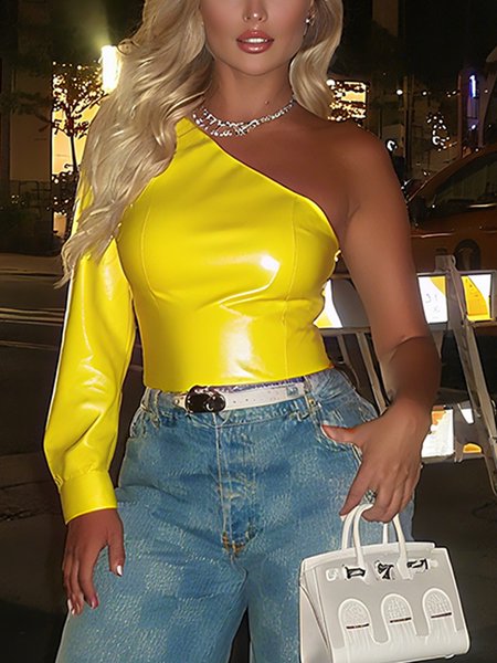 

PU Urban Asymmetric One Shoulder Sleeve Faux Leather Top, Yellow, Tops