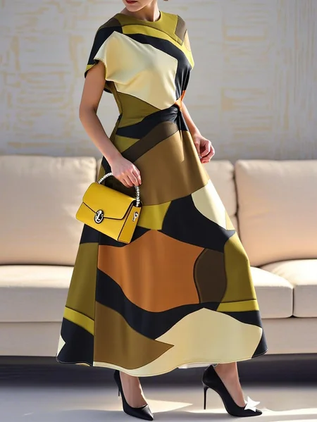 

Elegant Colorblock Crew Neck Maxi Dress, As picture, Maxi Dresses