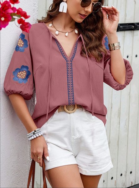 

Women Floral Half Sleeve Shirt Summer Embroidery V Neck Daily Casual Top, Pink, Blouses