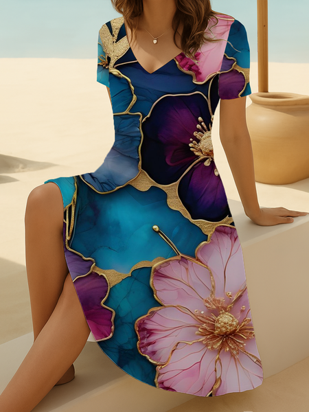 

Women Floral Short Sleeve Summer Printing Dress V Neck Daily Casual Midi Fit & Flare Dress A-Line Dress, As picture, Casual Dresses