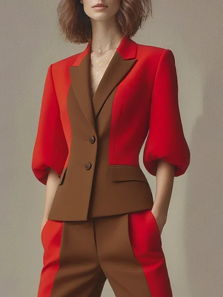 

Urban Balloon Sleeve Split Joint Color Block Lapel Collar Jacket, As picture, Jackets