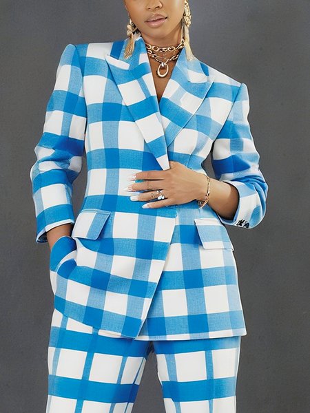 

Urban Printing Plaid Lapel Collar Blazer, White-blue, Blazers